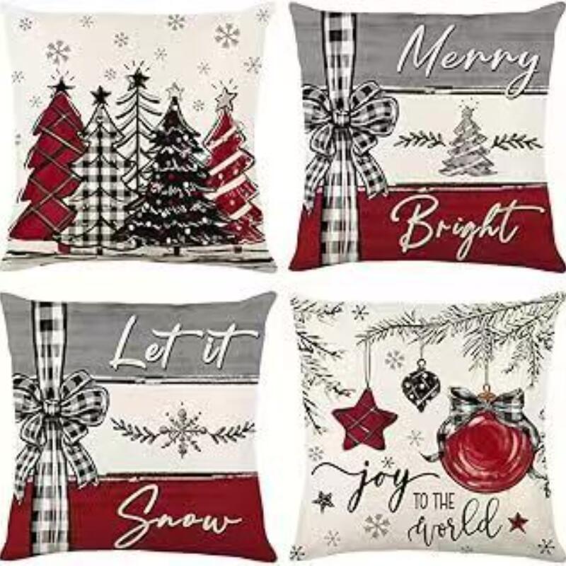 4 PC Reversible Christmas Pillow Covers Set - Santa Snowman Linen Blend Sofa Decor Festive Home Accents