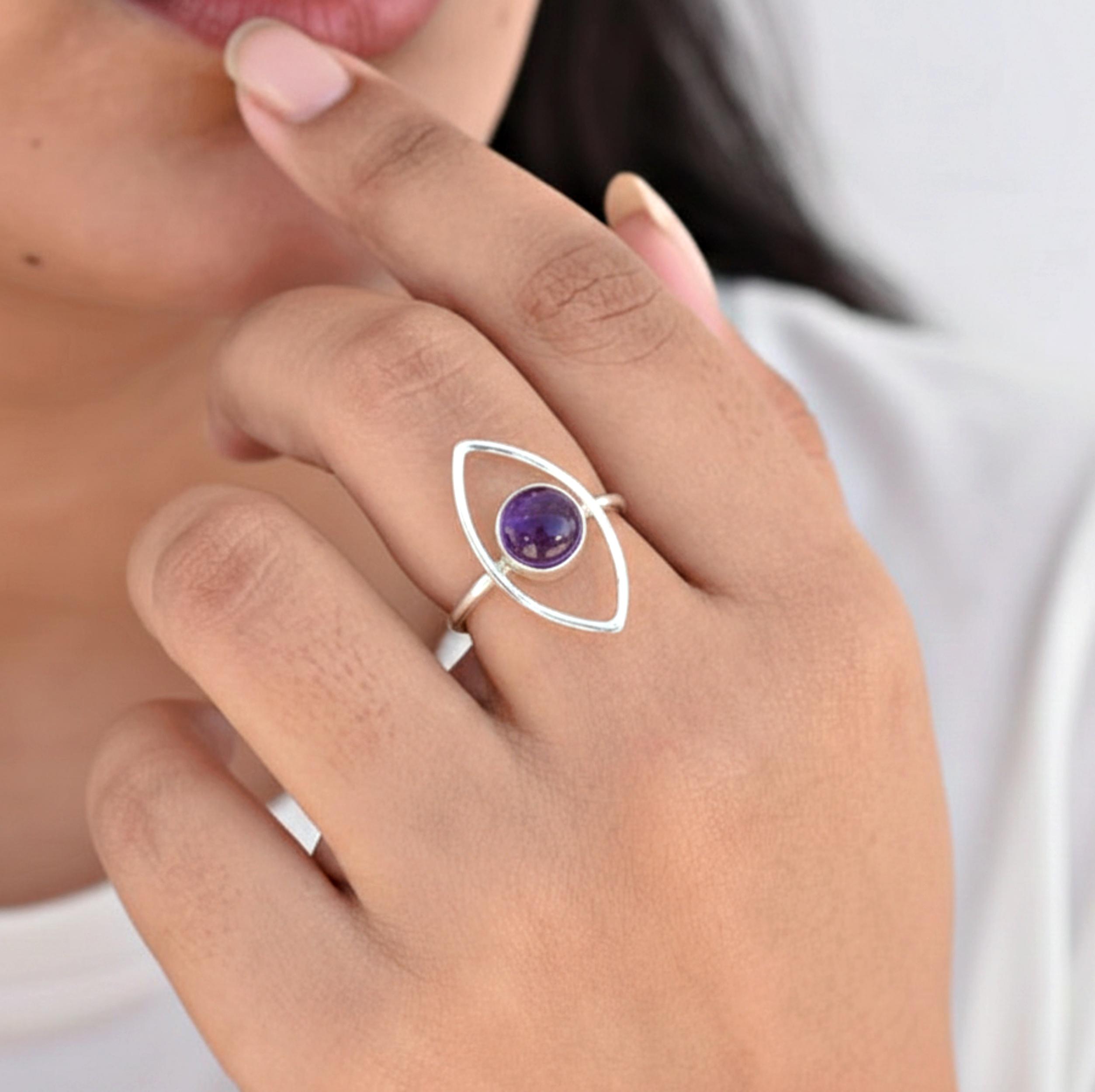 Round Purple Amethyst Eye Ring, 925 Sterling Silver Stacking Ring, Handmade Minimalist Ring for Women 4