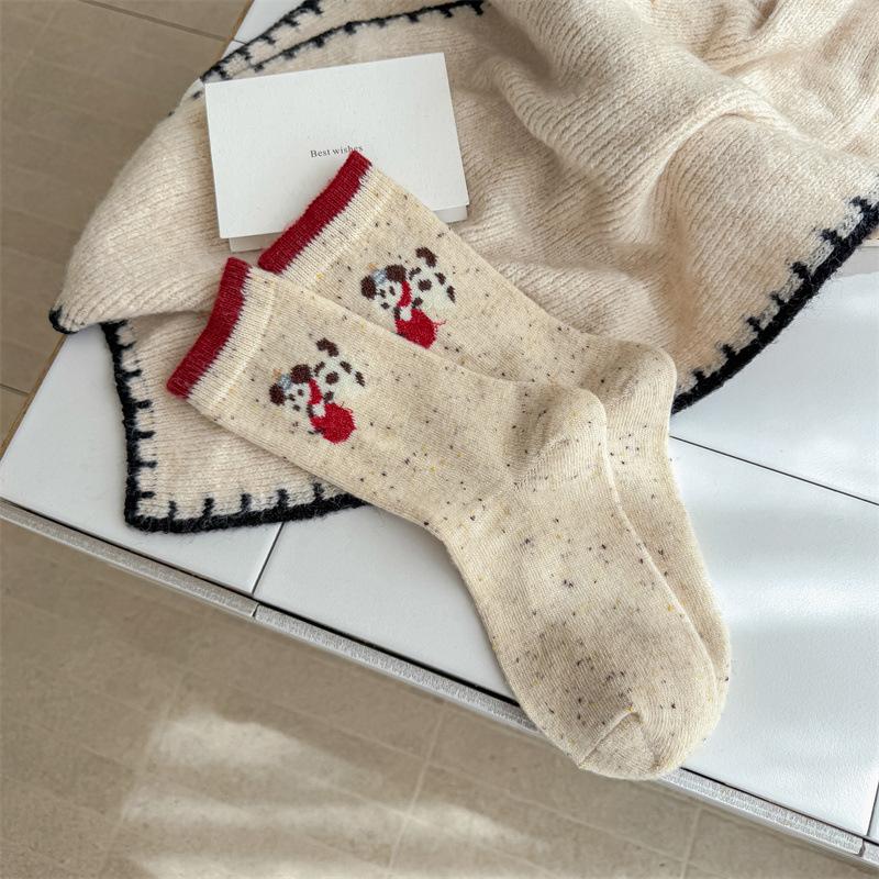 Grey Cute Christmas Dog Socks for Women, Thick and Warm Wool Mid-calf Socks for Autumn and Winter, Pile Socks with Burken Shoes
