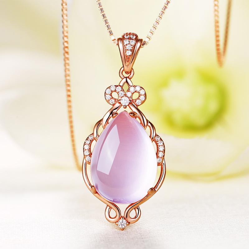 Silver-Plated Fairy Necklace: Pink Crystal & Hibiscus Stone Pendant On Rose Gold Clavicle Chain, Perfect Gift for Women