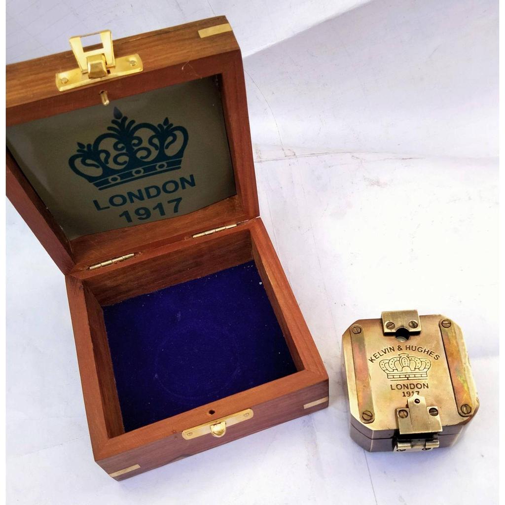 India Antique Brass Brunton compass Square With Wood box nautical gift Compass  (Black, Brown)