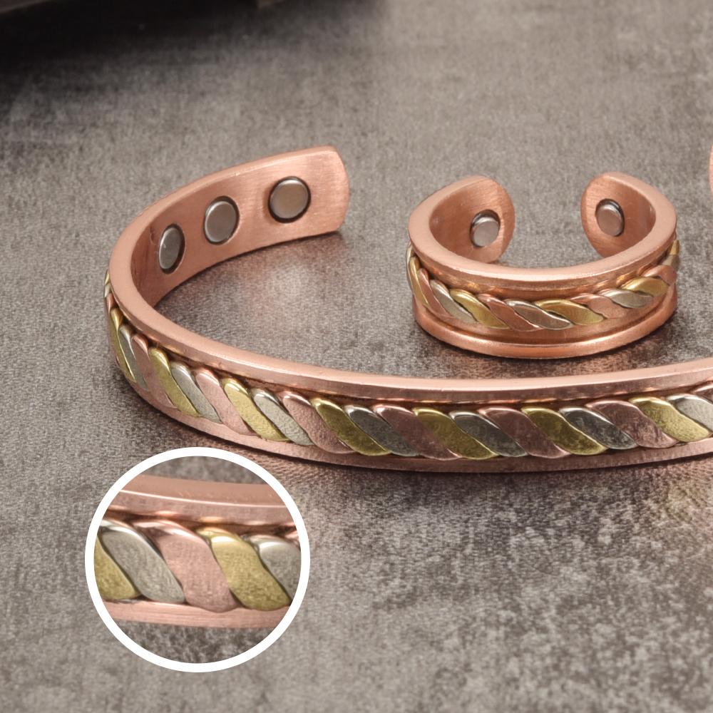Vinterly Jewelry-Set Magnetic Copper Bracelet Ring Healing Energy Women 8.3mm Rose Adjustable Open Cuff Bangles Resizable