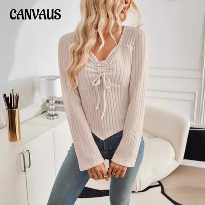 Autumn and Winter Women's Drawstring Long Sleeve Blouse Pit Stripe Short Top