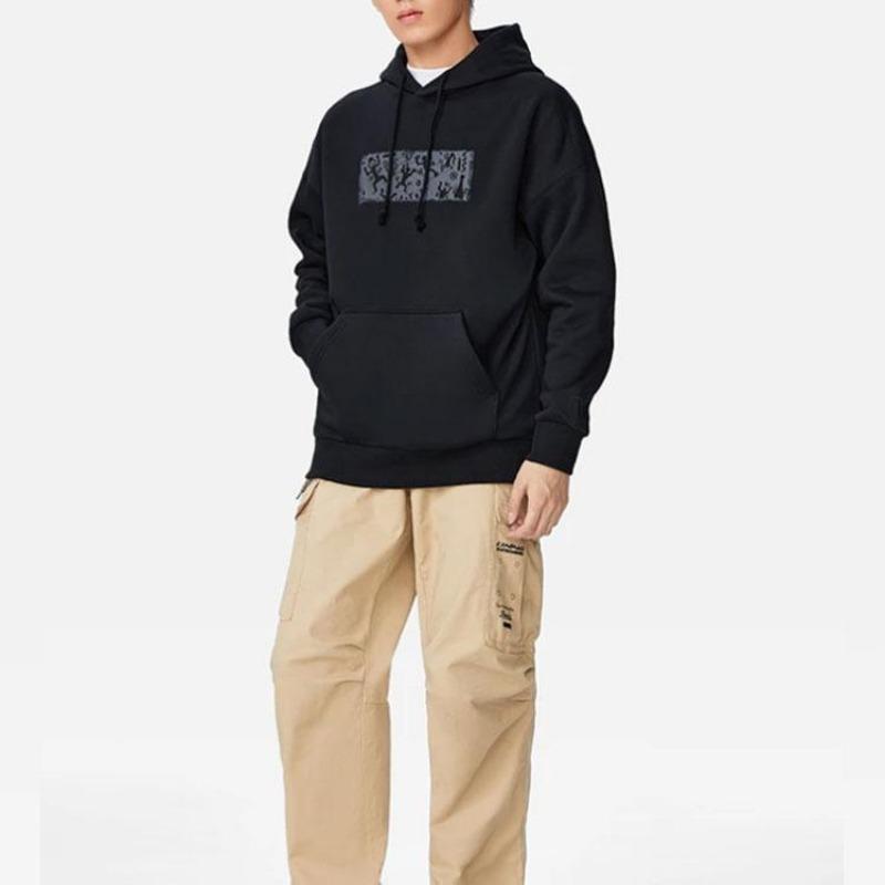 Li-Ning Sports Life Sudadera con Capucha Pulóver Estampado Color Sólido Manga Larga Tops Unisex Negro AWDSB43-1