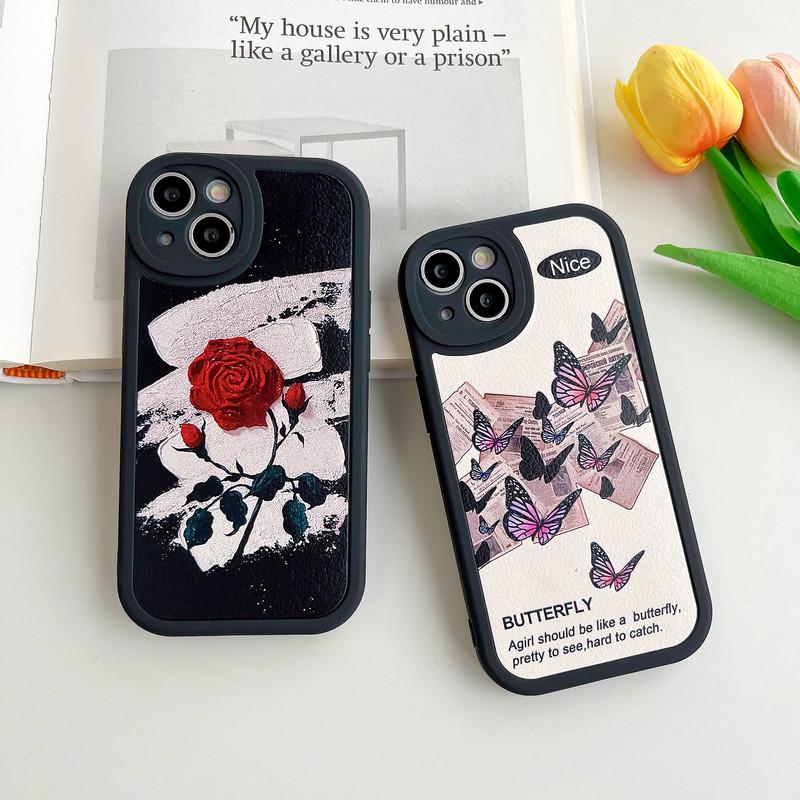 Kožené černé pouzdro silikonové flexibilní měkké pouzdro z TPU módní Rose Butterfly potisk zadní kryt mobilního telefonu pro iPhone Samsung Xiaomi