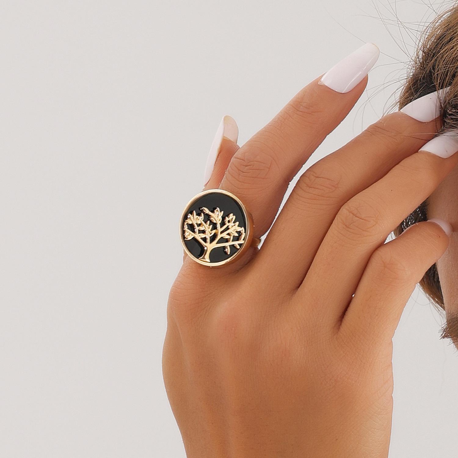 European and American jewelry, sweet and cool metal tree of life ring, fashionable black imitation fritillary adjustable ring set