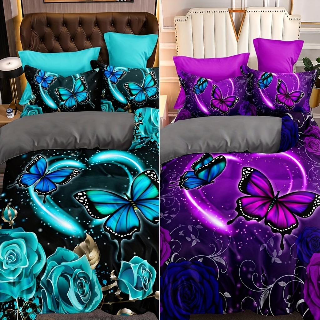 Enchanting Butterfly Rose Floral 3D Bedding Set Breathable Duvet Cover Set King Queen Twin Single Size Bithday Gift for Girls