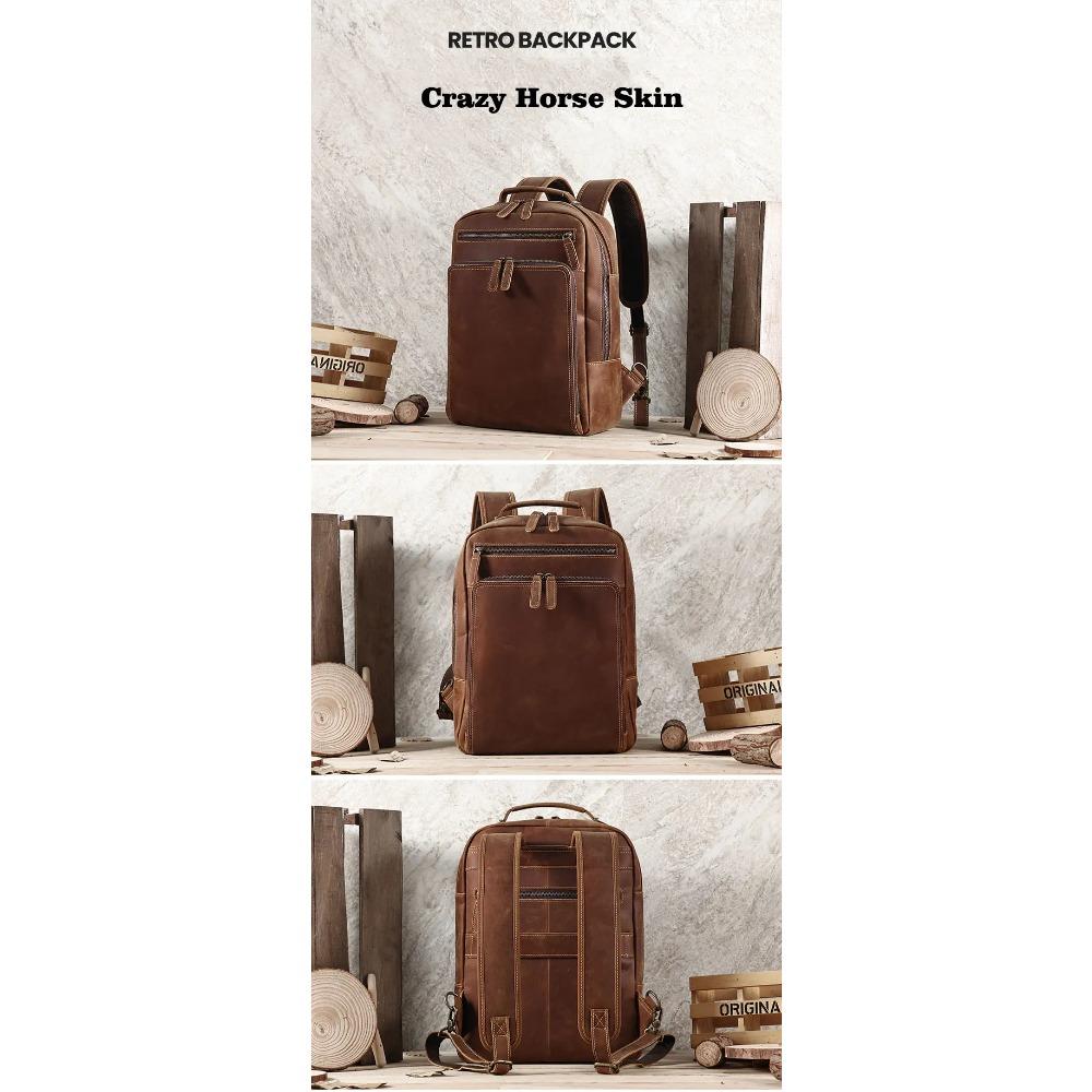 Men's Top Layer Cowhide Backpack with Large Capacity 15.6-inch Crazy Horse Leather Computer Bag and Multifunctional Backpack