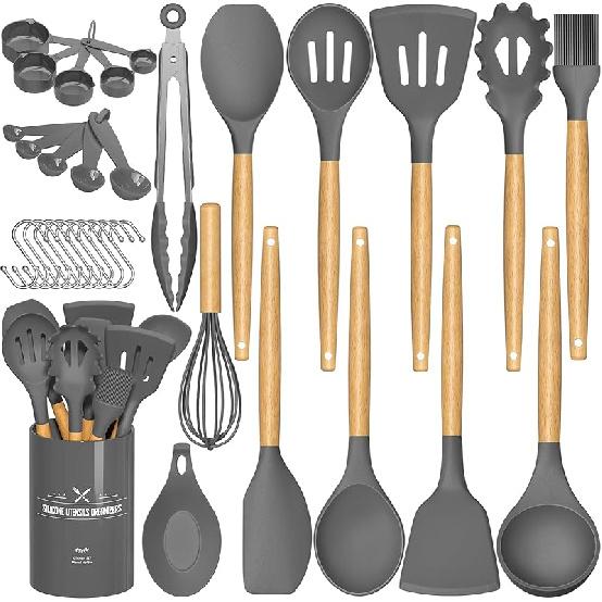 Umite Chef Kitchen Cooking Utensils Set, 33 pcs Non-Stick Silicone Cooking Kitchen Utensils Spatula Set with Holder, Wooden Handle Silicone Kitchen
