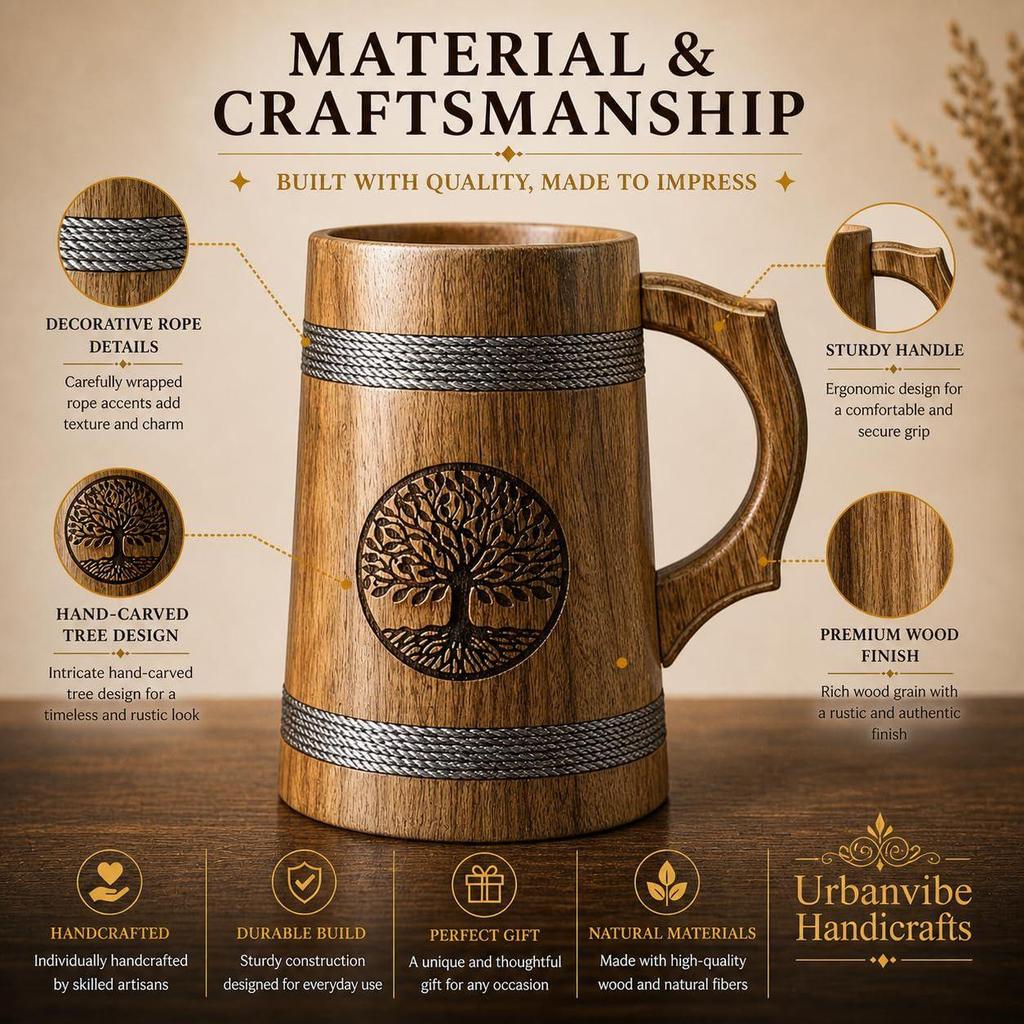 Handmade Wooden Beer Mug, Wood with Sheesham Finish, Barrel Style, Lightweight & Durable, for Craft Beer, Home Bar, Café, Party, Gift(350ml)