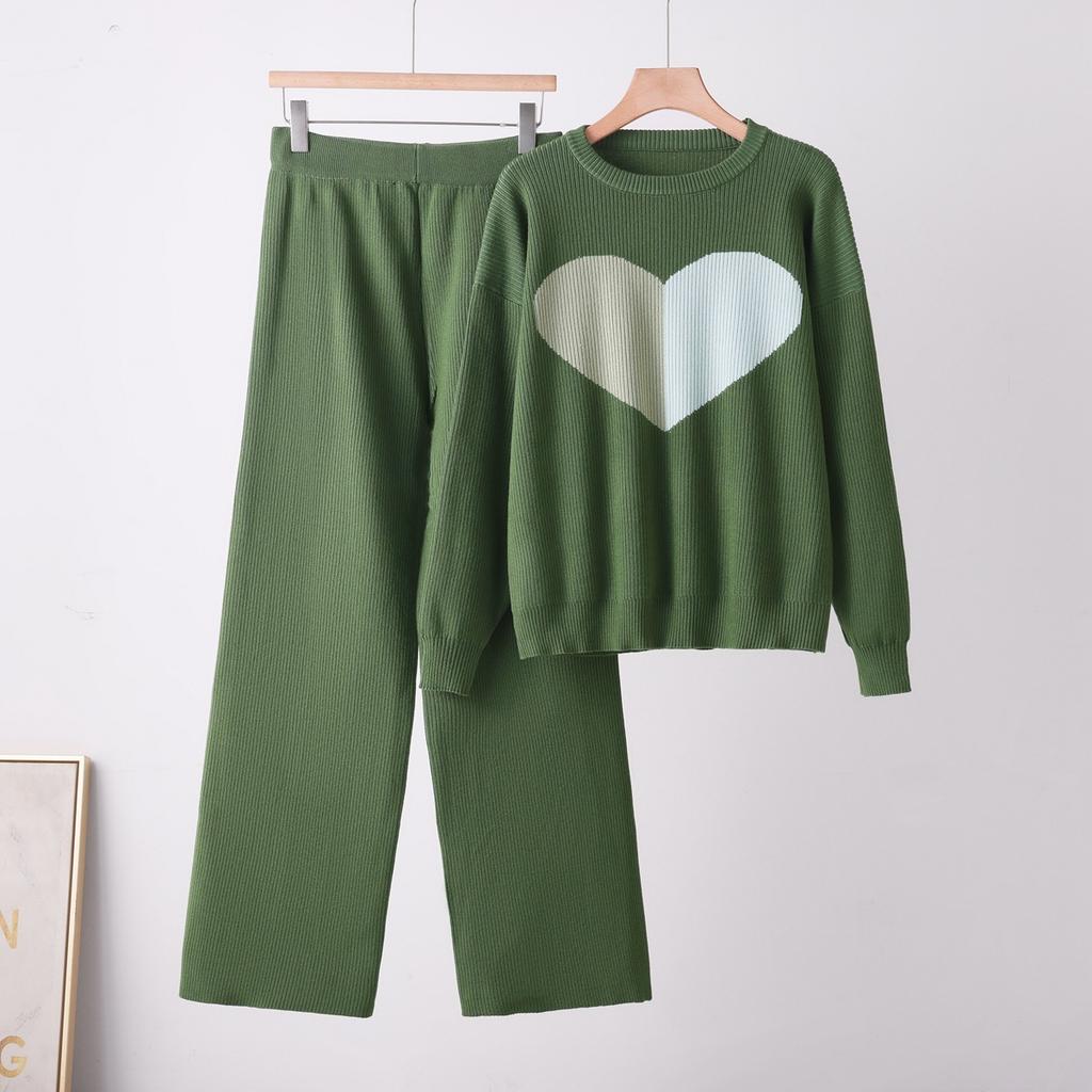 European 1116-year core-spun yarn contrasting color love long-sleeved fashion trend jacket knitted trousers knitted two-piece set women