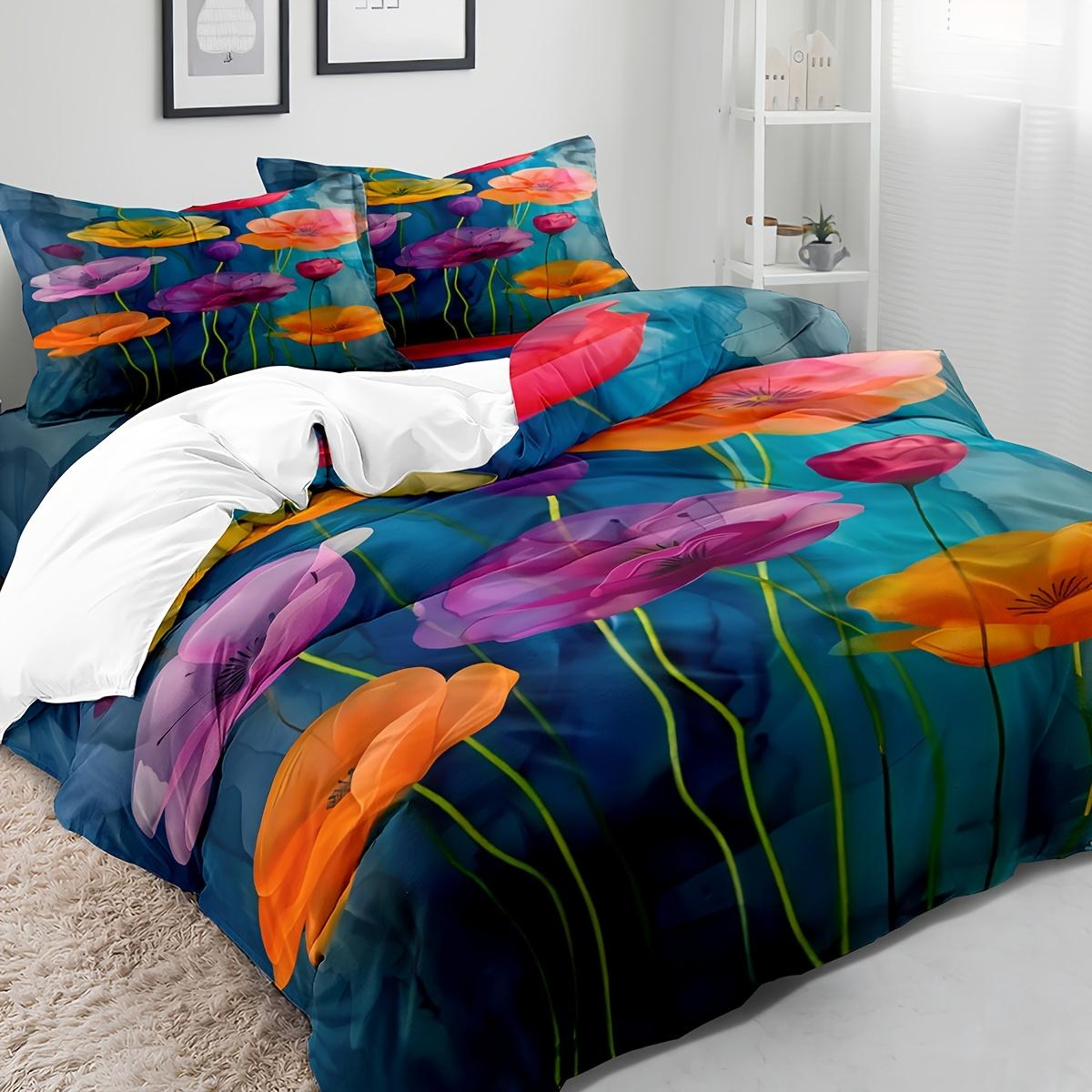 

3pcs Vibrant Floral Quilt Cover Set - Soft Colorful Tulip & Lotus Design, Includes 1 Duvet Cover & 2 Shams Machine Washable (135x200cm)