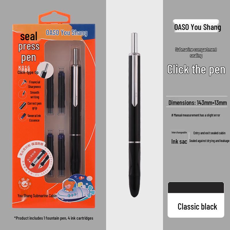 

You Shang K016 Press-Activated Fountain Pen: Sealed, Automatic Design for Third Grade Students Character Practice 0.38mm/Blue Ink Cartridge