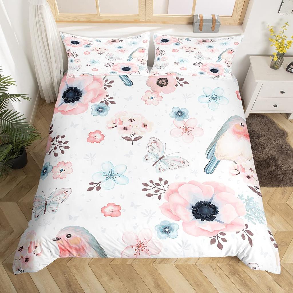Lovely Bird Duvet Cover Set King Size Spring Floral Butterfly Bedding Set Microfiber Watercolor Garden Flower Comforter Cover