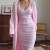 2025 Autumn Women's Solid Color V-Neck Knit Long Dress and Coat Set