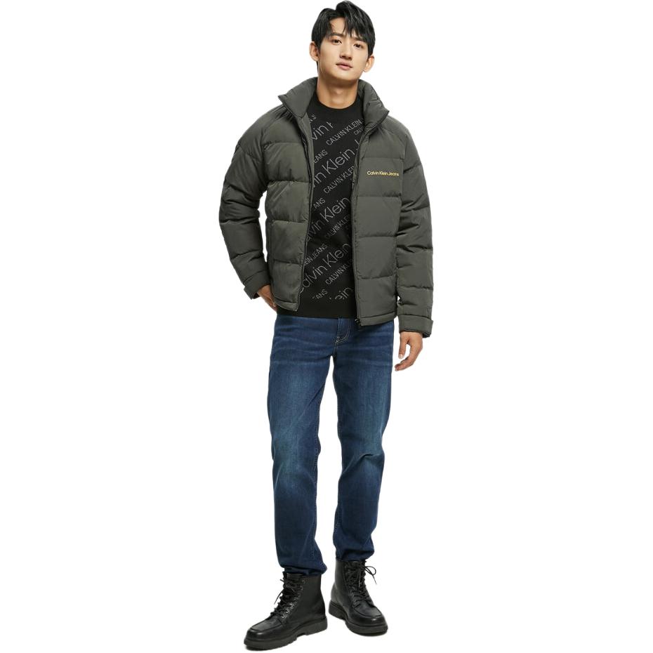 Calvin Klein Color Block Letter Print Zip Stand Collar Quilted Down Jacket Men Outerwear Dark-Green J322258-LDD