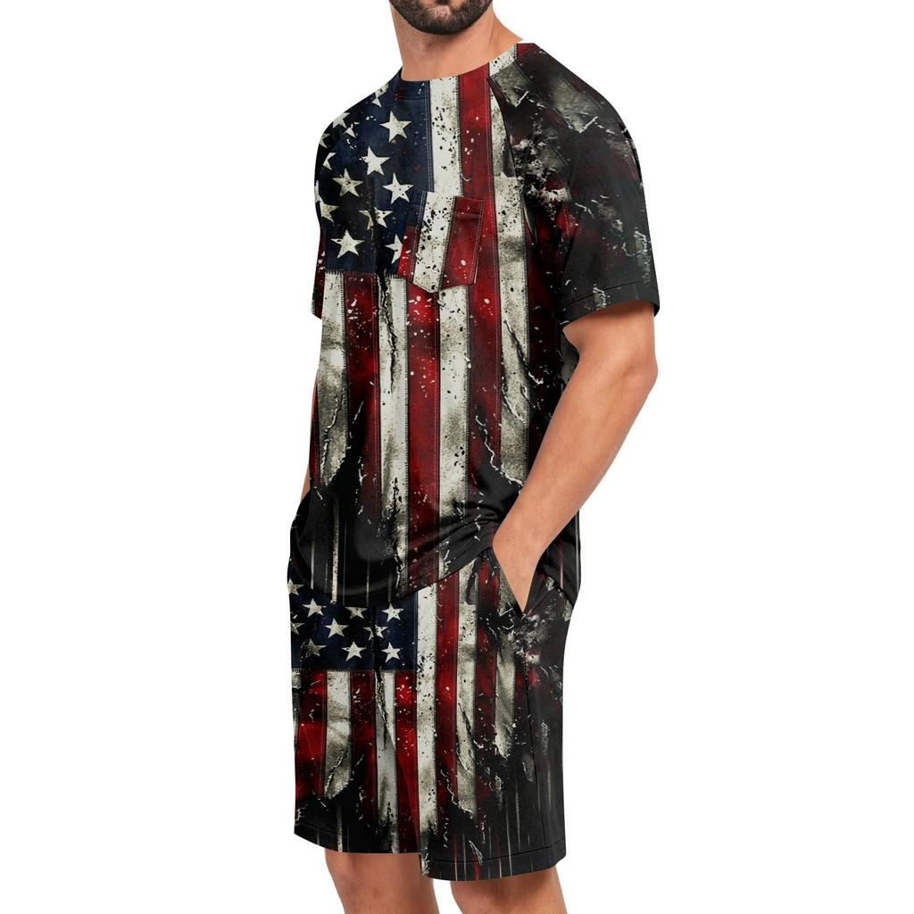 Men's Short Sleeve Pajama Set Lightweight Soft Fabric Crew Neck Top and Elastic Waist Shorts Summer Homewear Sleepwear Set