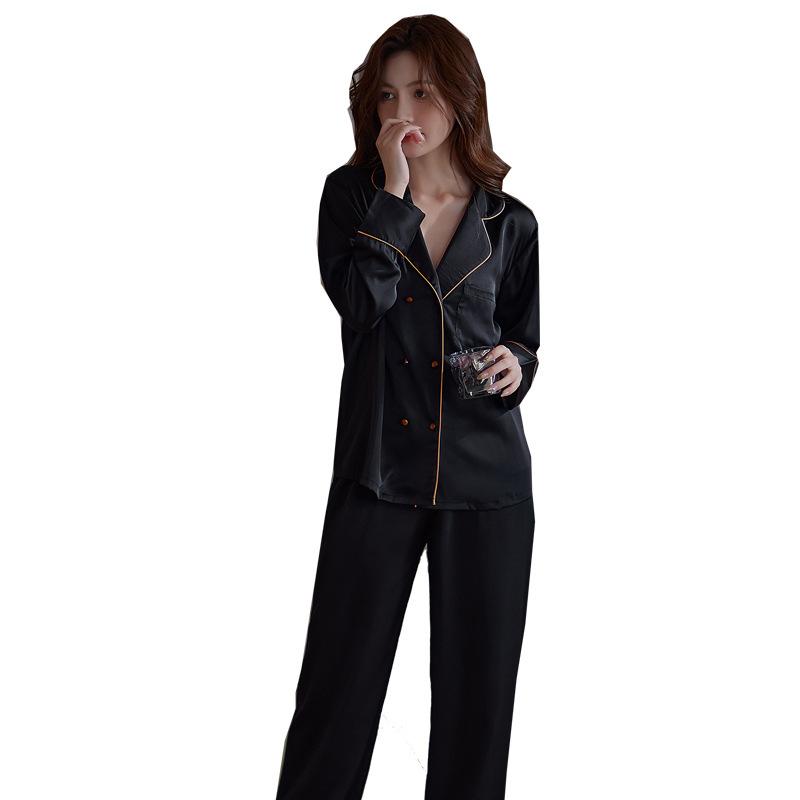 Couple's Pajama Set Spring Summer Fall Ice Silk Satin Double-Breasted Wooden Button Long Sleeve Top and Pants Women's Loungewear