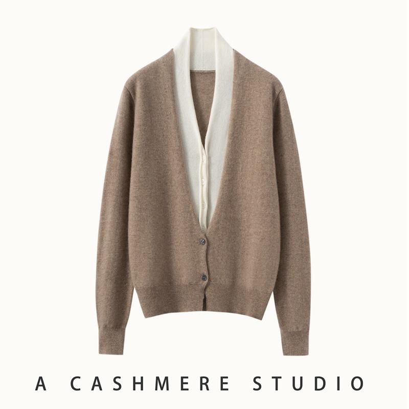 Cashmere Women's V-neck Two-tone Faux Layered Knit Sweater Cardigan for Autumn/Winter 2025