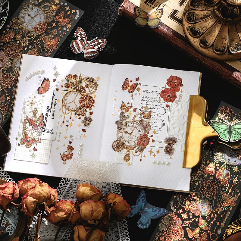 InFeel.Me PET Stickers: Wild Starry Seas Series with Hot Stamping Clock Chain Journal Decoration.