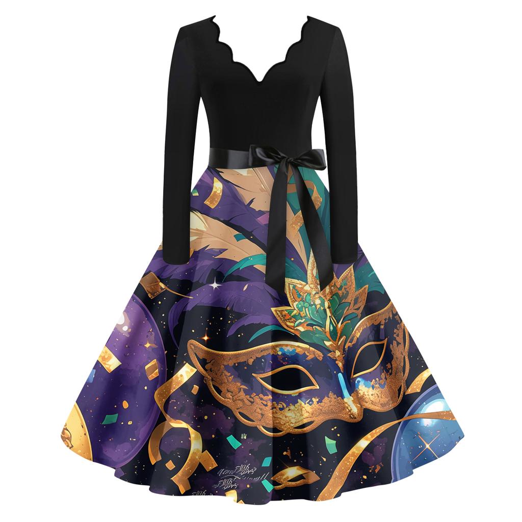 Women's Casual Fashion V Neck Long Sleeve Printed Vintage Long Dress