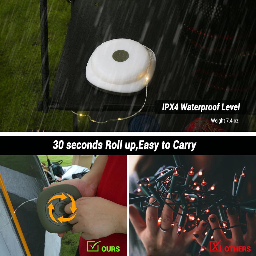 Camping-Lichterkette, 10 Meter, Lichtlaternen, Camping-Lichter, wasserdicht, wiederaufladbar, Taschenlampen