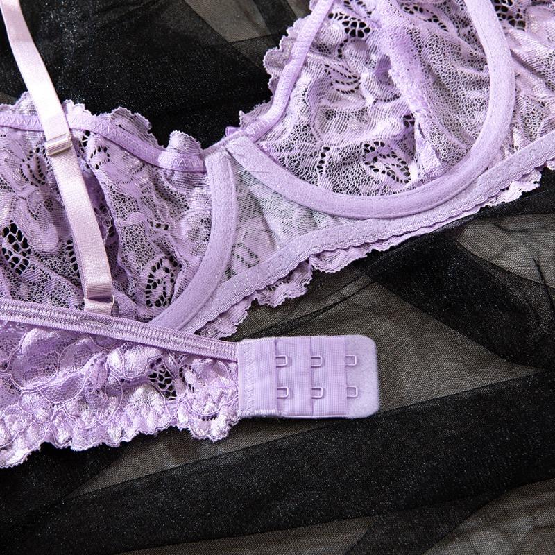 Lavender Lace Lingerie Set With Bra Skirt Bow And Matching Panties