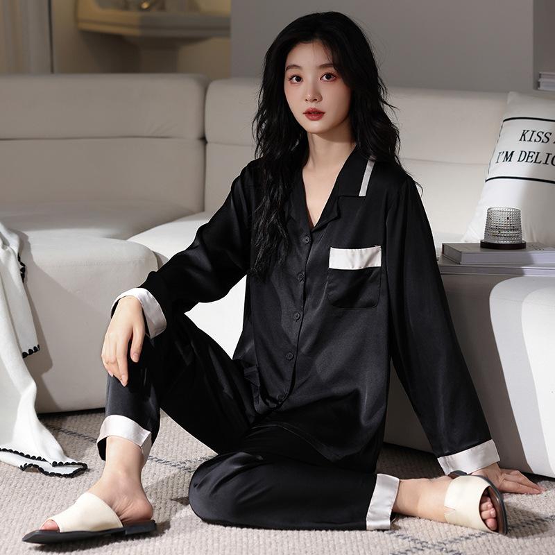 Ice silk pajamas women's 1011 new long-sleeved suit simple casual silk can be worn outside cool loungewear