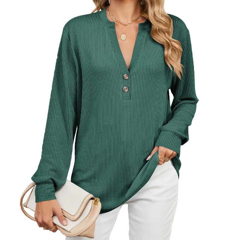 Spring and Autumn Women's Blouse Button Loose V-Neck Striped Long Sleeve Top