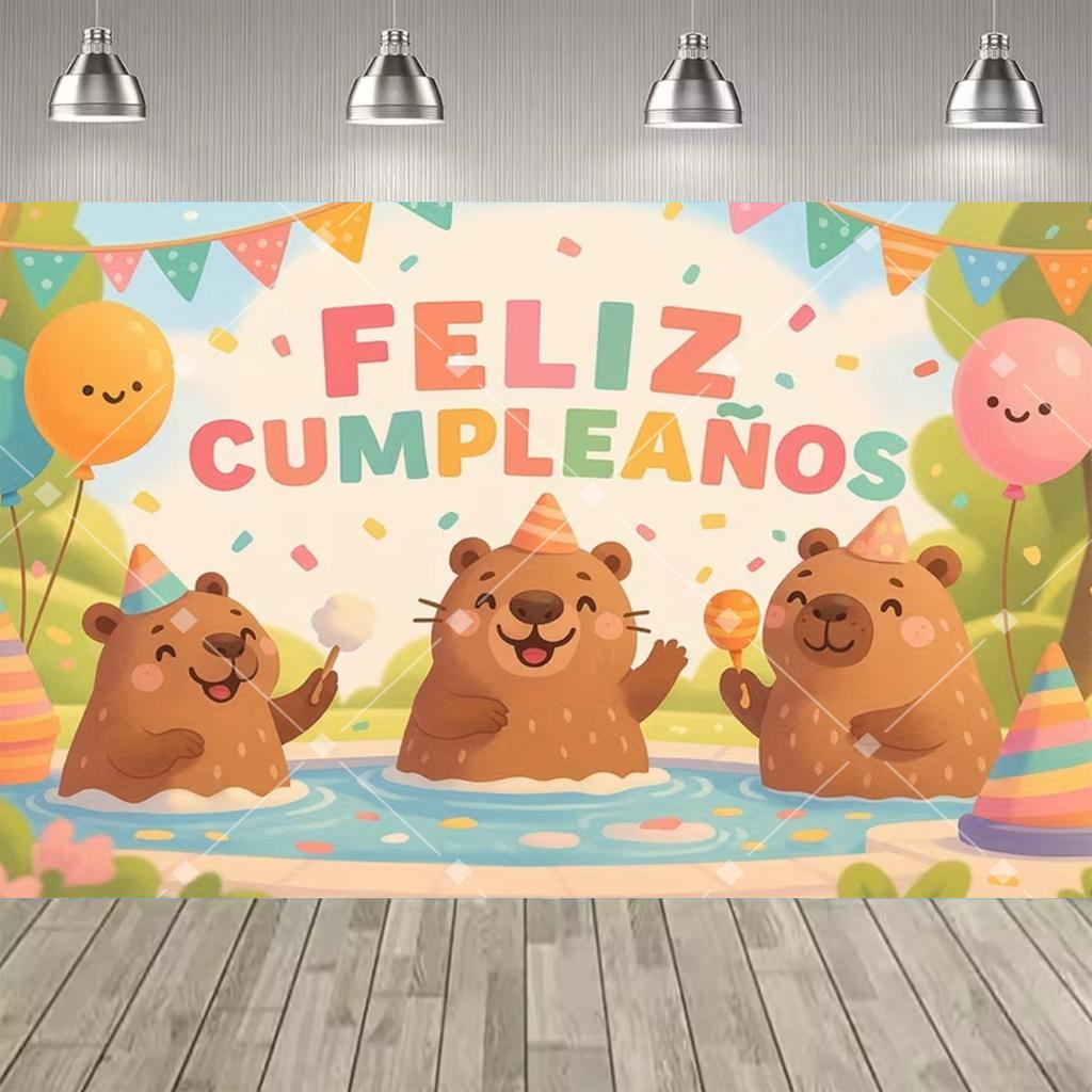 Lindo Fondo Temático de Fiesta de Capibara y Conejo de las Indias, Pancarta con Estampado de Pastel y Globos de Colores para Decoración de Fiesta Infantil