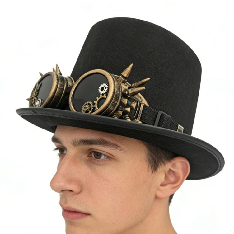 Trendiger Mechanisches Zahnrad Hoher Hut Cosplay Kostüm Kopfschmuck mit Nietenbesetzten Schutzbrillen für Cocktailparty Verkleidung