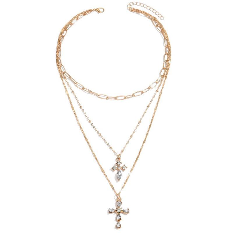 New Double-layer Cross Necklace Women's Simple Stacking Design Sense Diamond-set Temperament Versatile Pendant Collarbone Chain