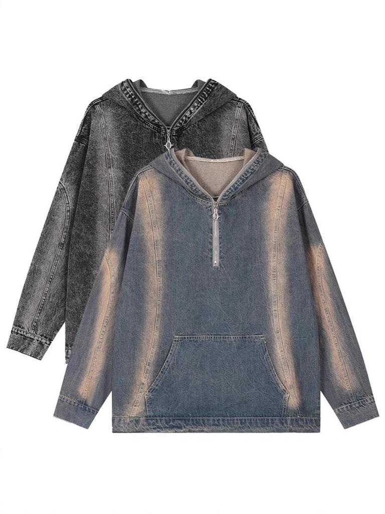 Unisex Retro Distressed Denim Hoodie Jacket - Spring/Autumn Loose Fit