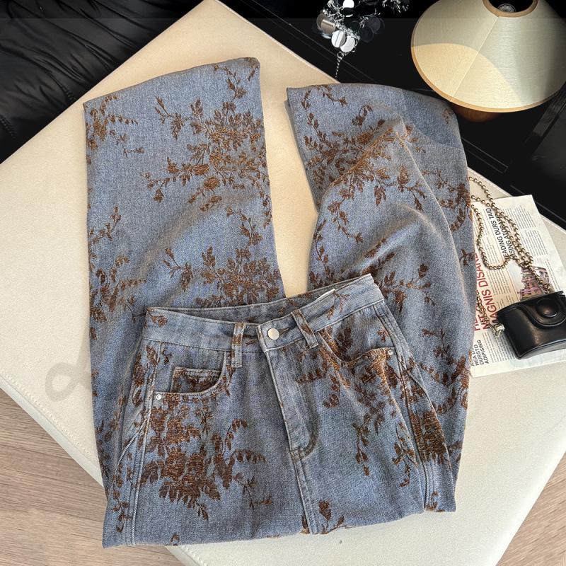 Women s High-Waist Chenille Wide-Leg Jeans with Contrasting Jacquard Design XL