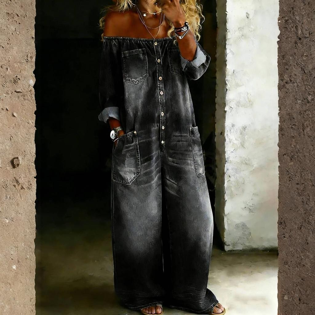 Fashionable Women's Sexy Single Breasted Off Shoulder Wash Denim Jumpsuit