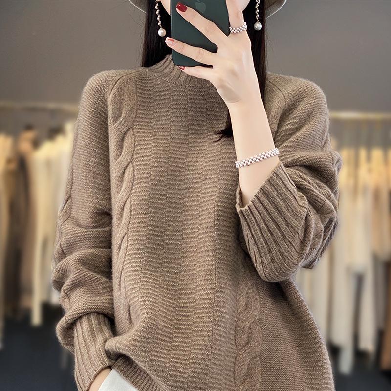 Women's 100% Wool Long Sleeve Half-High Neck Pullover Sweater