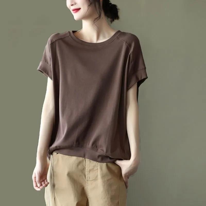 Camiseta para Mujer de Algodón de Verano Casual Talla Grande Holgada Cuello Redondo Pullover Tops de Manga Corta