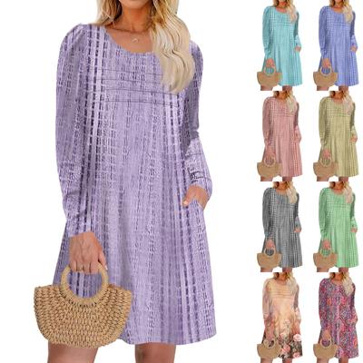 Women's Long Sleeve Dress Fall Casual T Shirt Loose Fit Pleated Front Dresses With Pockets
