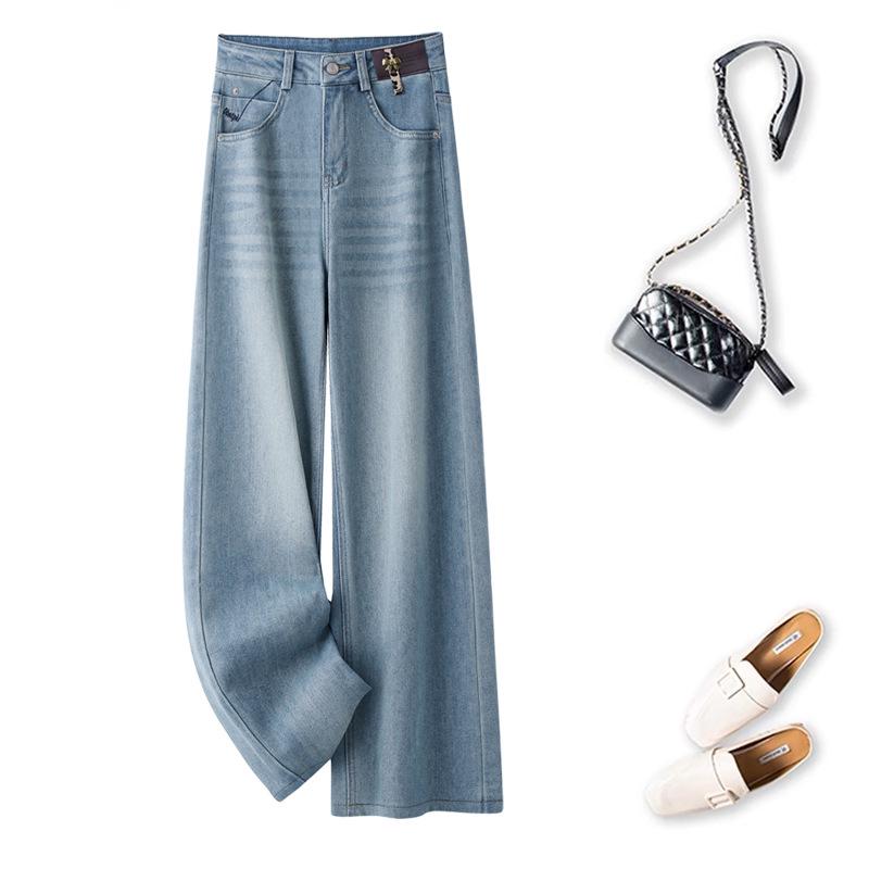 Light Blue Wide-Leg Plush Jeans - Women s High-Waisted Retro Slimming Pants for Autumn/Winter 2025 32