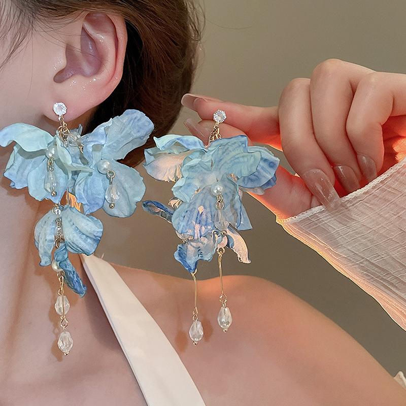 Sommer Chiffon Blumen Quasten Ohrringe für Frauen Urlaubsstil Übertrieben Süße Hängeohrringe Schmuck Accessoires Geschenke