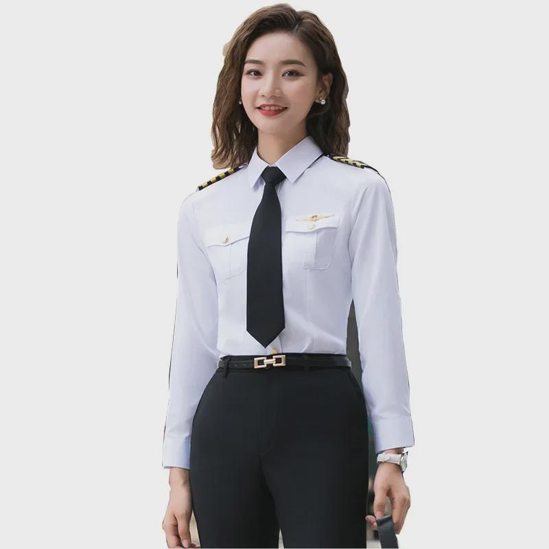 Navy Pilot Long-Sleeved Shirt: Unisex Flight Attendant & Captain Professional Attire