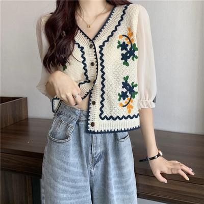 Spring Summer Women Flower Embroidery Crochet Blouse with Chiffon Sleeve Button Front Cardigan Top