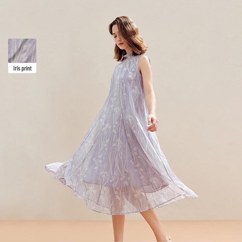 Yinman French Purple Iris Stand Collar Sleeveless Dress S