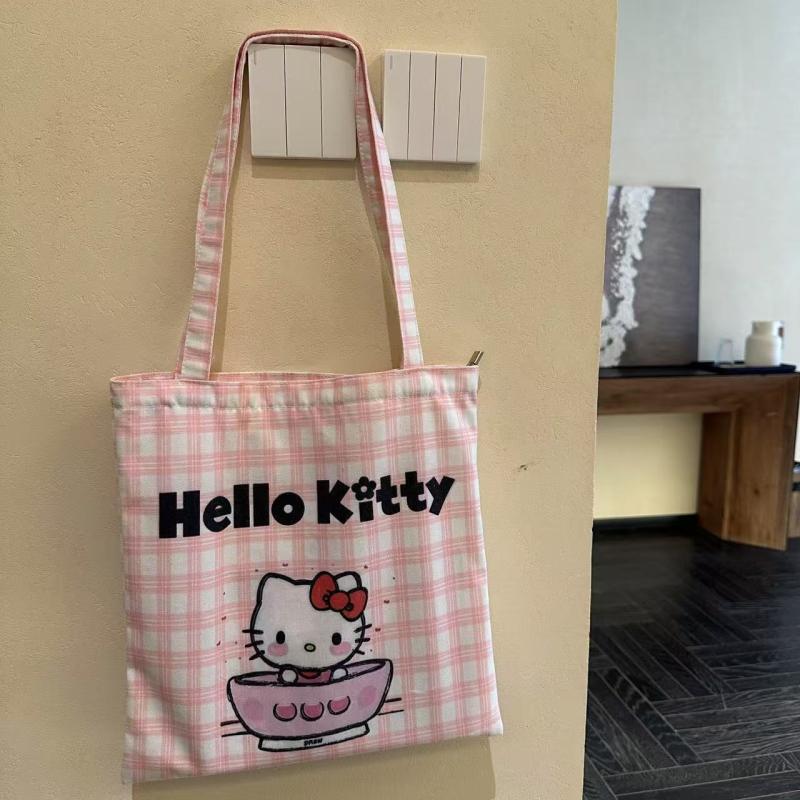 Hello Kitty Grid Canvas Bag Tote Bag Shoulder Bag Large Capacity Shouder Bag For Women