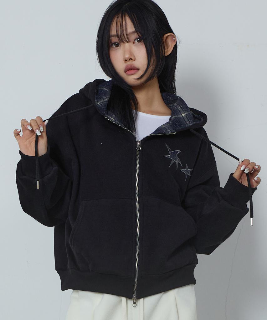 Chicks Flannel Check Zip-Up Hoodie Black