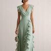 2026 Summer European and American Style Solid Color High-Waisted Pleated V-Neck Dress