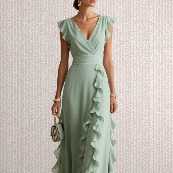 2026 Summer European and American Style Solid Color High-Waisted Pleated V-Neck Dress