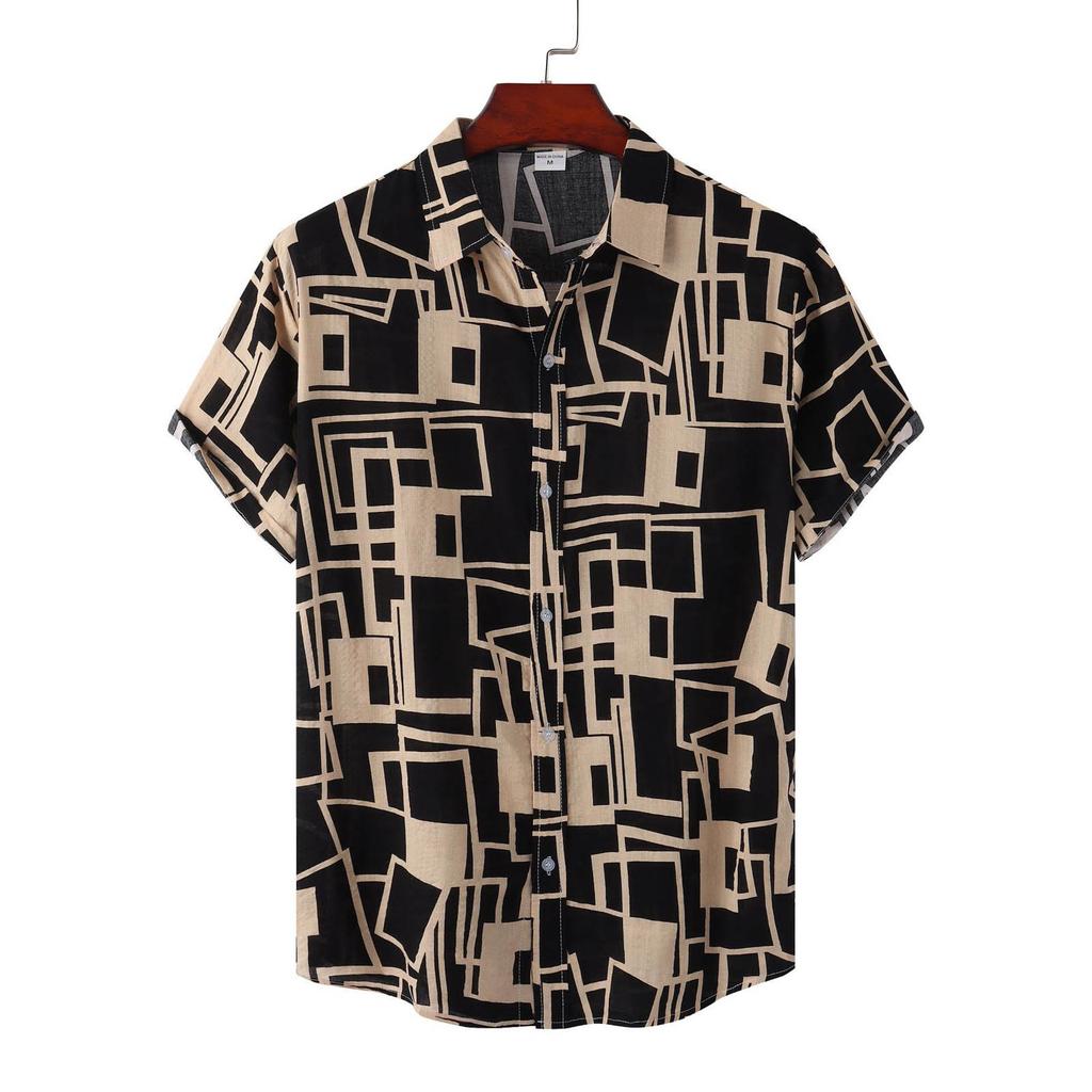 Men's Summer Casual Loose Resort Geometric Print Short Sleeve Top Beach Lapel Shirt