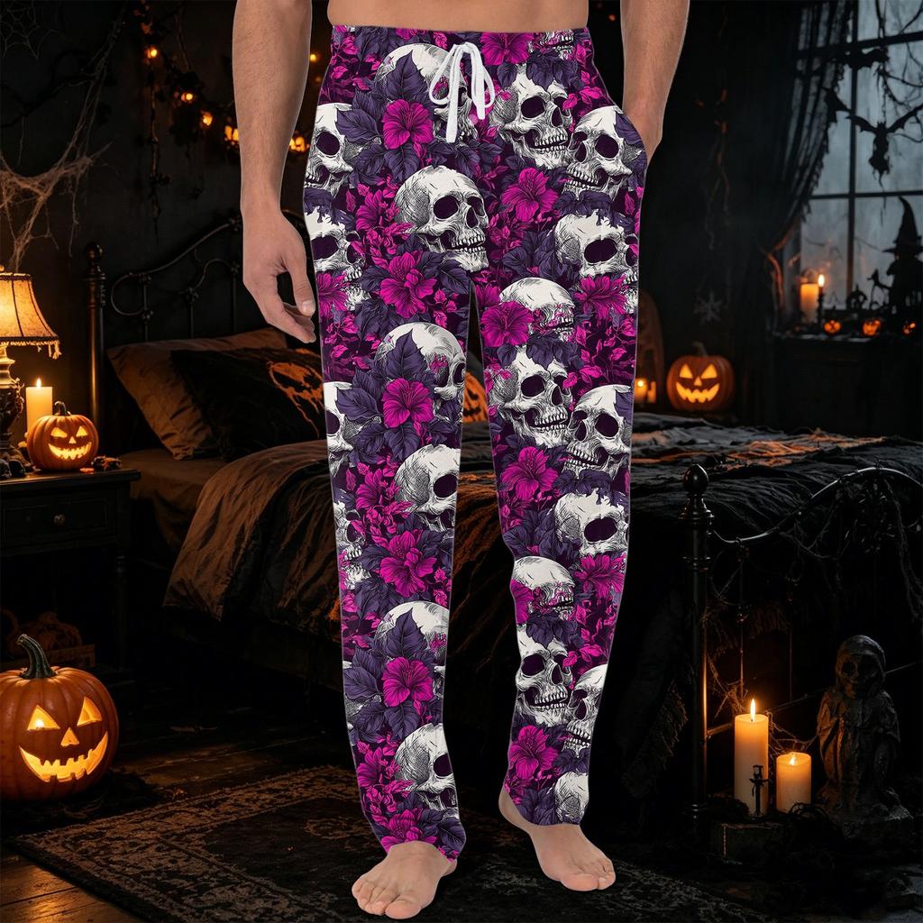 Men's Halloween Printed Knit Pajama Pants with Pockets - Color Casual Sleep Pants for Lounging