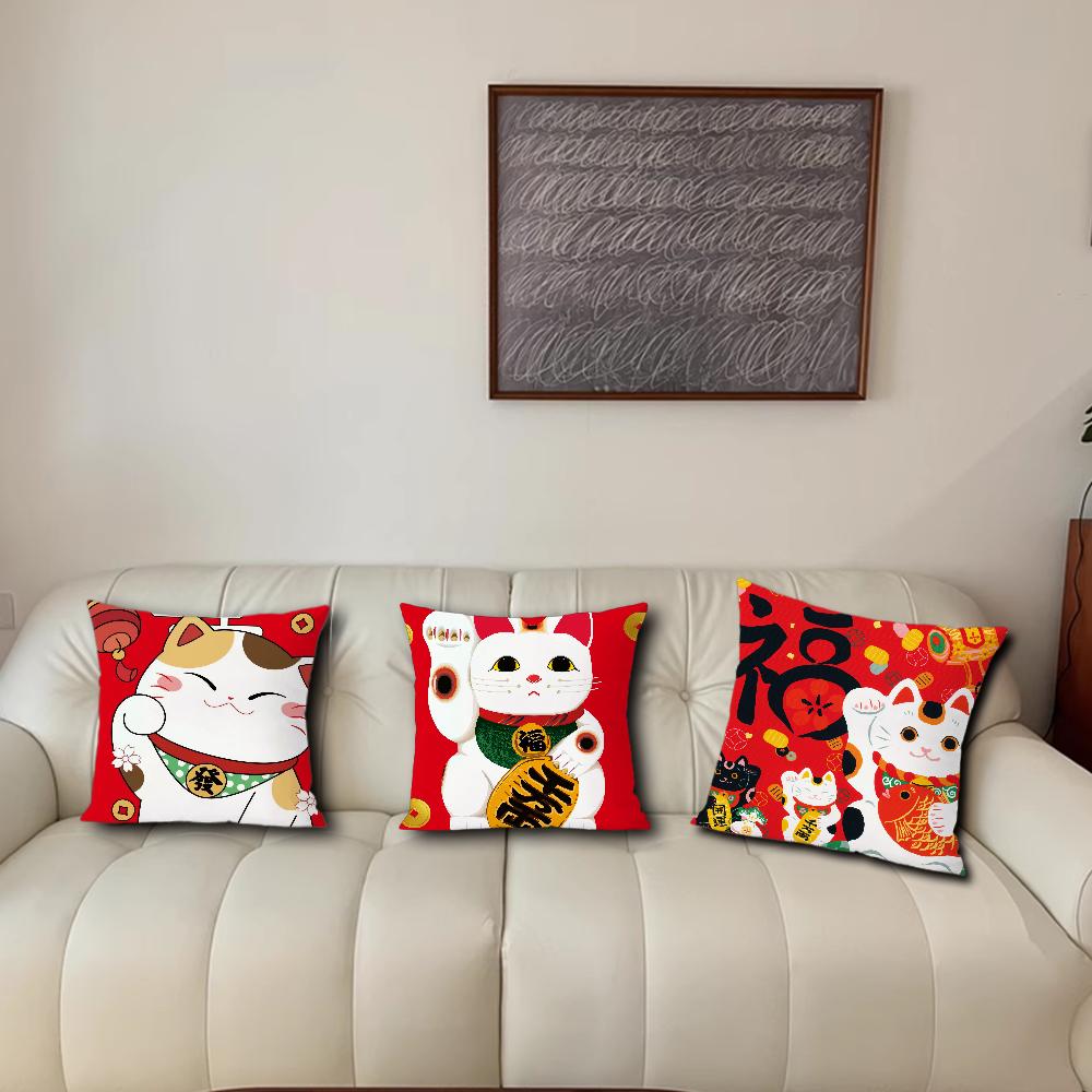 Maneki Neko Rich Luck Money Cat Cushion For Bedroom Car Coffee Shop Room Soft and Living Room Sofa Decorative Pillow Cover Case